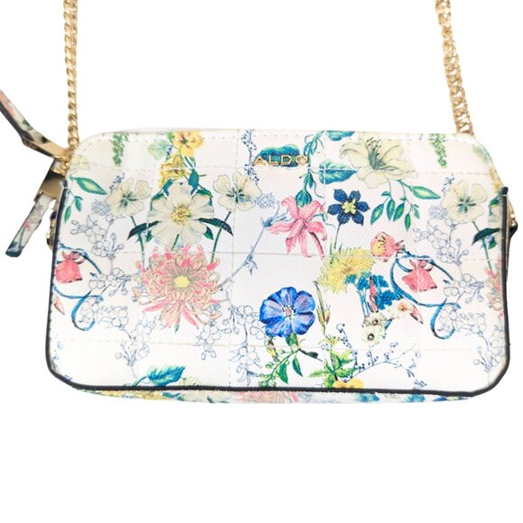 Aldo Flora Small Crossbody Purse w/Chain Strap White Floral Print - Picture 3 of 9